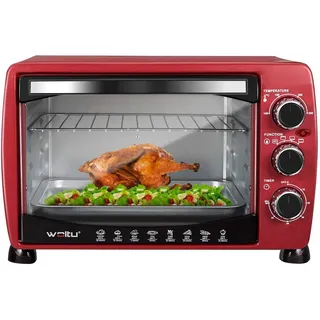 Woltu Mini Backofen 21 L, elektrischer Minibackofen, Miniofen, Pizzaofen, 1280 W, 100-230 °C, Timer 60 Min., Ober-/Unterhitze, Doppelverglasung, Rot