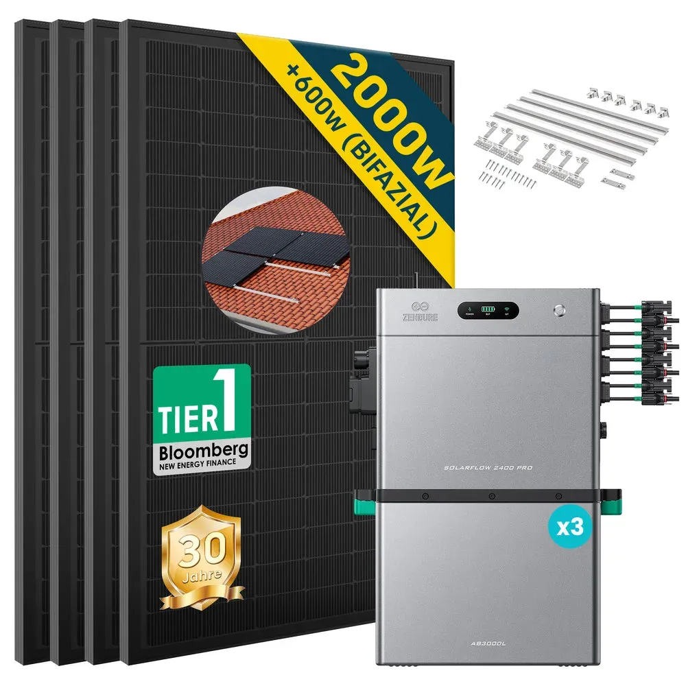 Balkonkraftwerk 2000W mit Speicher Zendure SolarFlow 2400 Pro 2.4Kwh, Komplettes Photovoltaiksystem - 4 Panels (2000Wp)🔥 / 3x AB3000L / Mit Ziegeldach HAL