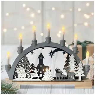 Hti-Living Moderner Schwibbogen LED Holz Grau mit Weihnachtsmotiv und 7 LED Kerzen