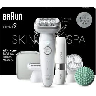 Braun Silk-épil 9 SkinSpa All-in-One Set, Epilierer Damen, Haarentferner für Langanhaltende Haarentfernung, Ladyshaver, Facespa Gesichtshaarentferner, 9-381, Weiß, Silber