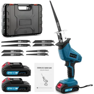 Bellanny Säbelsäge Akku, 21V Kabellose Reciprosäge mit 2 x 2.0Ah Akku, 0-4000 RPM Bürstenloser Motor Universalsäge, Tragbar Elektrische Säbelsäge mit LED Licht, Säge für Holz PVC Metallschneiden, Blau