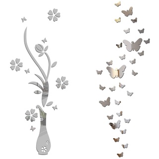 Spiegel Wandtattoo Blumen Vase Schmetterlinge Wandaufkleber Wandbild Haus Deko Wanddeko für Wohnzimmer Schlafzimmer Küche Bad Flur Fenster