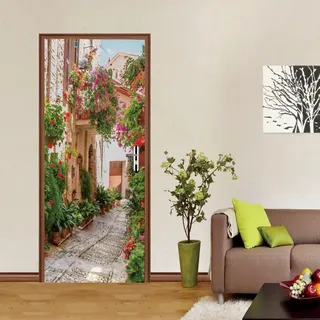 Selbstklebender Türaufkleber 100x200 cm – 3D Türtapete Gasse Blumen – Seide Türposter für Wohnzimmer Schlafzimmer Kinderzimmer Tür Dekoration