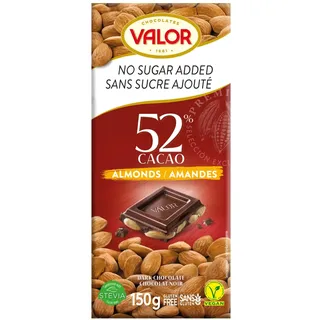 Chocolates Valor Dunkle Schokolade mit ganzen Mandeln ohne Zucker, Vegan, Glutenfrei, Bean to Bar, Kakaoanteil: mindestens 70%, Mit Stevia gesüßt, 150gr