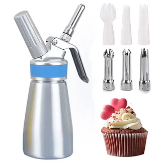Comforty 250ml Sahnespender, Sahnesyphon Edelstahl mit 3 Dekorations-Düsen und 1 Reinigungsbürsten, Edelstahl Sahnespender für Cremes und Soßen (250 ml Silber)