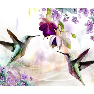 decomonkey Fototapete Blumen Vogel 250x175 cm XL Design Tapete Fototapeten Vlies Tapeten Vliestapete Wandtapete moderne Wandbild Wand Schlafzimmer Wohnzimmer Kolibri bunt