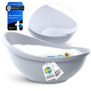BabyBeFun Babybadewanne mit Badewanneneinsatz für Neugeborene, Rutschfeste Babywanne, Inkl. Safety-Pad grau