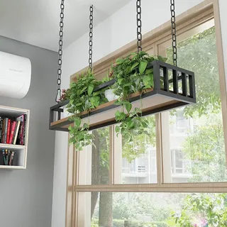 Liyadolaam Hängende Pflanzenregale für die Decke, Blumentopfständer, Dekorationsregale mit Eisenkettenartikeln und schwebendem Hängekorb aus Holzboden, Küchenregal, Weinhalter (Size : 60x25x15cm)