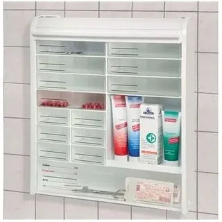 Medikamentenschrank mit Rollladenverschluss und Sicherheitsschloss aus Polypropylen und Polystyrol