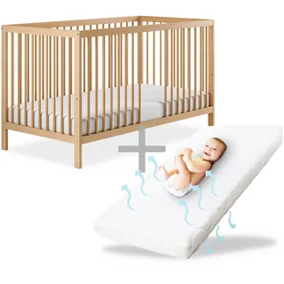 Ehrenkind® Babybett PUR inkl. Matratze 120x60 Buchenholz | Natur | Kinderbett 9-Fach höhenverstellbar mit entnehmbaren Stangen | Baby Bett