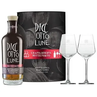 Marzadro Diciotto Lune Riserva Porto – Exklusives Grappa-Geschenkset mit 2 Harmony Gläsern (1 x 0,5l)