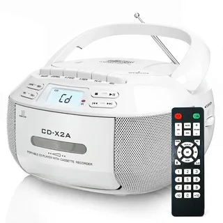 Greadio Tragbarer CD Player, Boombox Kassettenspieler mit Bluetooth, FM Radio mit Fernbedienung, AUX-/USB-Wiedergabe, Kassettenrekorder, AC-Kabel/Batteriebetrieb, LCD-Bildschirm für Kinder (White)