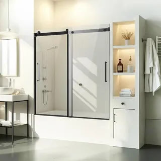 Vevor Rahmenlose Schiebetür für Badewanne Duschglastür (1422-1524 x 1524 mm), Schiebetür für Badewanne mit 5/16 Zoll klarem gehärtetem Glas und Edelstahlgriff, schwarzes Finish
