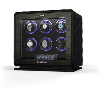 Klarstein LuminousTime Uhrenbeweger für 6 Uhren – Automatik-Uhrenbeweger mit Flüsterleisem Japanischem Motor, LCD-Touchpanel & Fernbedienung, RGB & LED-Beleuchtung, 20 TPD-Einstellungen, Veganem Leder