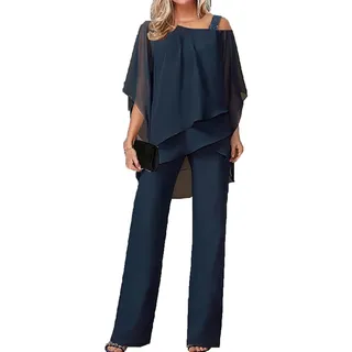 Jumpsuit Damen Hosenanzug Festlich Elegant Overall Hochzeit Abendanzug Sets Zweiteiler Chiffon Shirt und Hohe Taille Vintage 2-Teiliges Set Outfit Cocktail Festlich Outfit(Dark Blue,XL) - XL