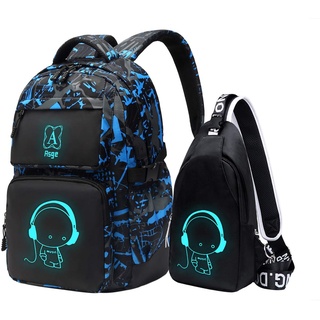 ASGE Rucksack Jungen Schulrucksack Mädchen Teenager Jugendliche Coole Schule Daypacks Kinder Reflektierender Schultasche Outdoor Camping Groß Schulranzen Wasserdicht Ranzen Schultertaschen Set (Blau)