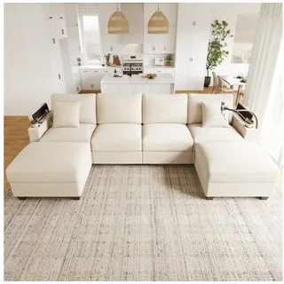 OKWISH Schlafsofa Ecksofa 275,5x139x87 cm modular aus Cord mit USB und Stauraum, Set 1 Teile, geeignet für Wohnzimmer, Schlafzimmer und Wohnung beige