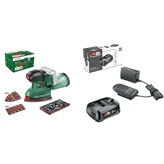 Bosch Akku-Schleifer UniversalSander 18V-10 (ohne Akku; 18 Volt System; 32x Schleifpapier; im Karton) – Amazon Edition + Bosch 18V Akku und Ladegerät 2.5Ah (18V Starter Set, POWER FOR ALL)