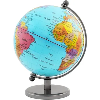 Brubaker Designer Globus - Deko Planet 19 cm hoch - Weltkugel mit politischer Karte - Büro Dekoration mit Fuß und Meridian aus Edelstahl - Hellblau
