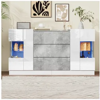 BlingBin Sideboard Anrichte Küchenschrank Beistellschrank mit 2 Türen und 3 Schubladen (Hochglänzende Weiße Fronten und Grauer Marmorlook, 1 St., 140 x 35 x 75 cm, Produktladung: 60KG, MDF & Spanplatte & Glas), LED-Beleuchtung mit 16 Farben, Weiße und Graue Marmorstruktur grau|weiß