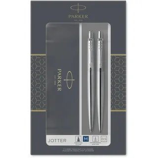 Parker Jotter Duo-Geschenkset mit Kugelschreiber und Druckbleistift (0,5 mm) | Edelstahl mit Chromzierteilen | Nachfüllmine mit blauer Tinte | Schulsachen und bürobedarf | Geschenkbox