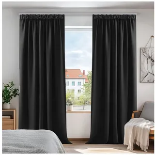 Deconovo Vorhang Blickdicht Kräuselband Gardinen Kinderzimmer Thermogardine Kälteschutz, 138x132 cm(HöhexBreite), Schwarz, 2er Set