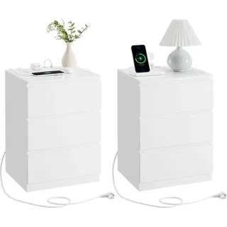 VASAGLE Nachttisch (2-St), 3 Schubladen, abgeschrägte Kante, 2 AC-Steckdosen, 2 USB-Anschlüsse