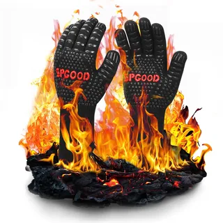 SPGOOD Grillhandschuhe hitzebeständig 800 Grad feuerfeste Handschuhe Kochhandschuhe Backhandschuhe für Küche Grill BBQ Ofenhandschuhe,Schwarz (M/XL)