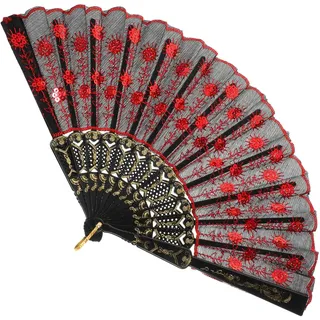 Zerodeko Spanische Handfächer Rot mit Pailletten - Faltbarer Handfächer für Hochzeit und Tanz Performance - Eleganter Fächer Rot Spitze für Fasching und Party (43x23cm)