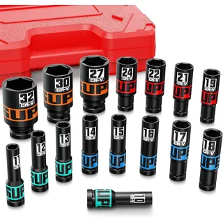 Aurlloct 16-Tlg Schlagschrauber Nüsse Satz 1/2 Zoll, 10-32 mm Kraft-Steckschlüssel-Einsatz, für Autoreparaturen Reifenwechsel