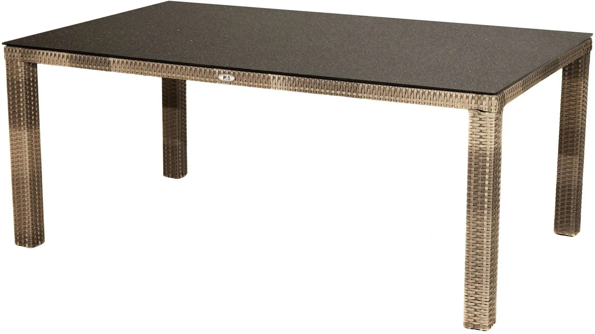 Ploß Rabida Comfort Dining Tisch, champagner-meliert, Polyrattan, 180x110 cm, Glasplatte in Steinoptik