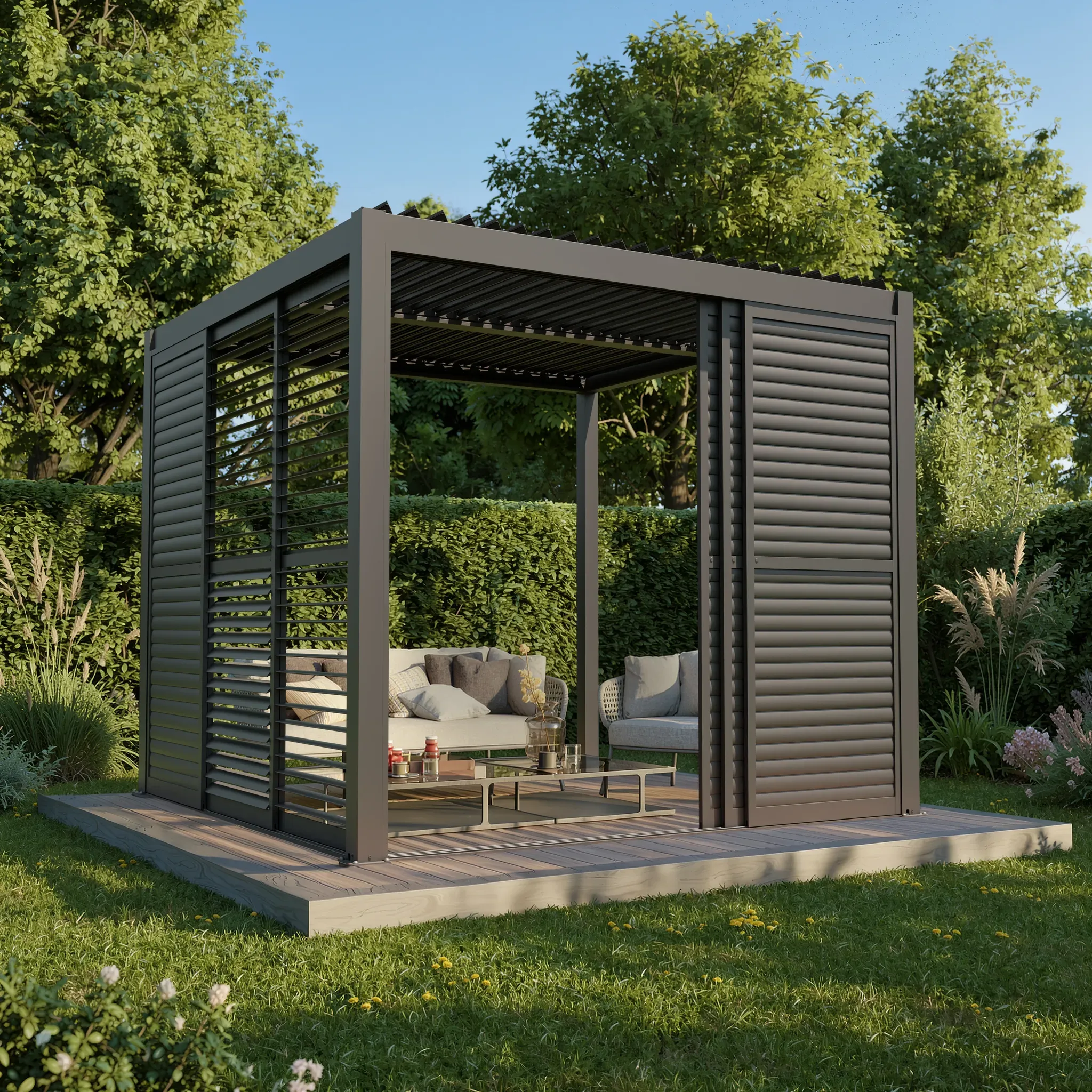 Lamellenwand Schiebetür für Pergola verstellbare Lamellen, manueller Sichtschutz...