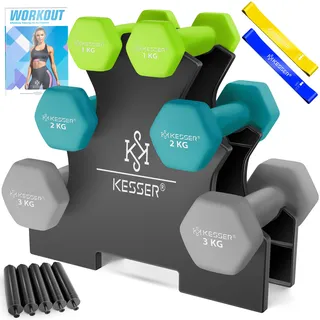 Kesser KESSER® Hantel-Set, 3 Paar, 1kg - 5kg, 12kg oder 18kg kurzhanteln mit Ständer Aufbewahrung, Fitnessstudio, Krafttraining, Hantelset rutschfeste Neopren, Mit Übungsheft, 2x Fitnessbänder
