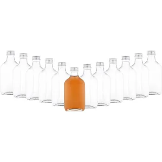 Mambocat 12er Set Taschenflasche 200ml silber Schraubdeckel XL-Flachmann Likör Schnaps Fläschchen Alkohol - Transparent