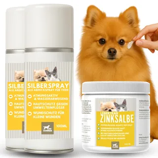 Erste Hilfe Set Tiere Wundspray Hund & Lebertran Zinksalbe 2x0,1 0,25L Silberspray Hund I Wund Spray Katze Lebertran-Zinksalbe bei Wunder Haut mit Zink für Tiere I Zinksalbe Wundsalbe Gegen Juckreiz