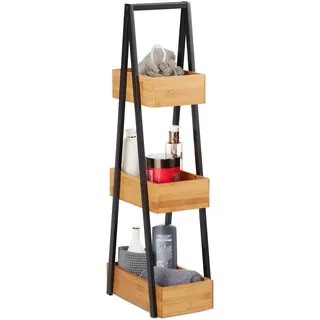 Relaxdays Badregal Bambus, platzsparendes Leiterregal mit 3 Ablagen, Bad, Küche, Wohnzimmer, Metall, 81x18x30 cm, natur, Hellbraun, Schwarz