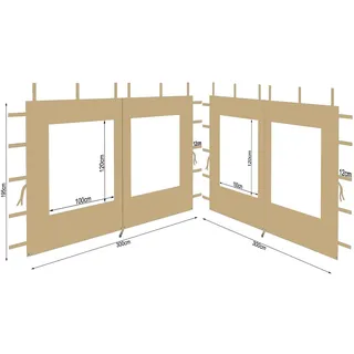 Quick Star 2 Seitenteile aus Polyester mit Fenster 300x195cm für Pavillon 3x3m Seitenwand Beige wasserdicht