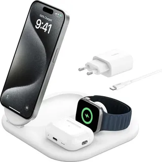 Belkin Boost Charge Magnetische, einklappbare, kabellose 3-in-1-Ladestation mit Qi2 15, W), Weiß