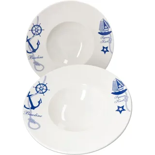 Bonna Navy 2er Set weiße Pastateller 28cm mit Motiv in blau I Suppenteller mit breitem Rand I tiefe Nudelteller I große Salatteller Beilagenschalen I Essteller maritim I Geschirr Premium-Porzellan