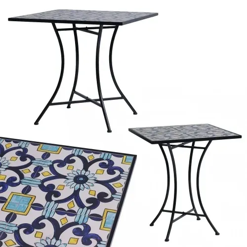 Lex Mosaik Mosaiktisch Gartentisch quadratisch Bistro Eisenramen elegant Blau : Blau gemustert : 70x77x77