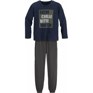 Pyjama AUTHENTIC LE JOGGER, Kinder, Gr. 158/164, grau (marine, anthrazit), Jersey, Obermaterial: 100% Baumwolle, bedruckt, Basic, lässig geschnitten lang, Rundhals, Langarm abgesteppte Kante, Homewear-Sets, Schlafanzug mit Spruch "Ich chille bitte warten"