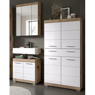 inn.furn Badmöbel Set "Willow" weiß Hochglanz und Eiche, Badezimmer 3-teilig, 15 Fächer - Weiß, Naturbelassen