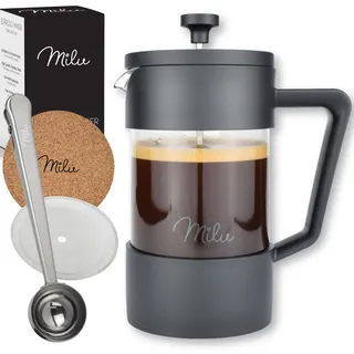 Milu French Press Kaffeebereiter | 350ml, 600ml, 1L | Glas Kaffeepresse, Kaffeezubereiter für Zuhause Reisen Camping inkl. Untersetzer, Löffel, Ersatzfilter (Schwarz, 1000ml (5 Tassen)