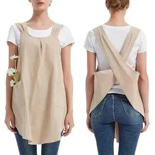 Aoipend Japanische Schürze für Frauen mit 2 Taschen, Leinen, gekreuzte Rückseite, niedliches Pinafore-Kleid für Küche, Kochen, Gartenarbeit, Malerei, beige