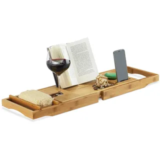 Relaxdays Badewannenablage Bambus, ausziehbares Badewannenbrett mit Buchstütze und Glashalter, HBT: 19x107,5x23cm, natur