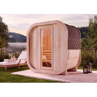 FinnTherm Fasssauna ScandiCube Mini XXS, Moderne Outdoor Sauna inkl. Dacheindeckung und Fußboden, ø 214 x 130 cm, Ausführung: Unbehandelt, Ohne Fenster