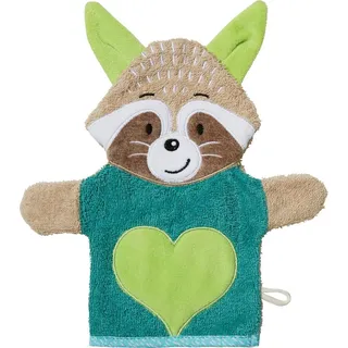Erwin Müller Kinder-Waschhandschuh, 2-in-1 Waschbär Walk-Frottier grün Größe 25x28 cm - weich, saugstark, strapazierfähig, mit Aufhängeschlaufe