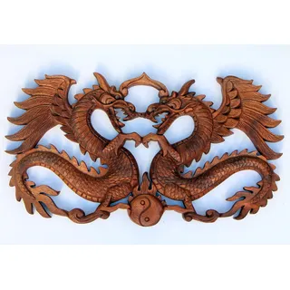 Wogeka 2 Drachen Drachenrelief Holz Dragon Feng Shui Wandbild Wohnzimmer