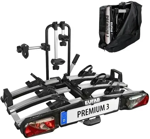 EUFAB 11522 Fahrradträger PREMIUM 3, für Anhängekupplung, klappbar, für 3 Fahrräder, schwarz, silber