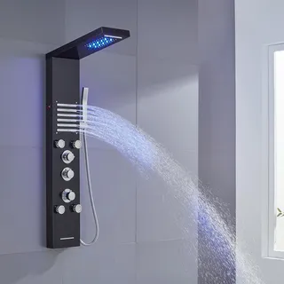 KINKIBOS LED Duschpaneel mit Thermostat, 6 Funktionen Duschpaneel mit Regen&Wasserfall Dusche, 2 Seitenspray, Handbrause und Wanneneinlauf, Duschpaneel aus Edelstahl 304, Schwarz